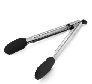 11-inch Silicone Tip Locking Food Tongs in Black and Stainless Steel