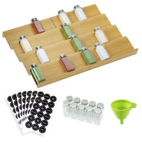 Bamboo spice rack drawer storage box, 10 spice storage cans organizer drawer rack plugin, 8-piece set, 126 labels, 1 funnel