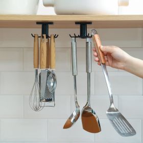 2pcs Under Cabinet Kitchen Utensil Hooks, 360° Rotating Drilling Free Hanging Rack (Color: Black)