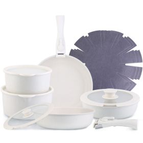 17Pcs Nonstick Cookware Set Induction Kitchen Pots And Pans Set With Detachable Handles Fast Even Heating Frying Pan Sauce Pan Oven Dishwasher Safe Fo (Color: White)