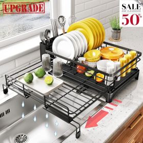 Expandable Dish Drying Rack, Large Dish Rack for Kitchen Counter, Stainless Steel Dish Drainer with Drainboard (Main Color: Black, Main Material: Metal)