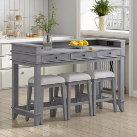 4-piece Dining Bar Table Set with 3 Upholstered Stools,Multifunctional Dining Table with 3 Drawers (Gray) (Material: MDF,Rubber Wood, Color: Gray)