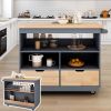 Rolling Kitchen Island with Storage, Two-sided Kitchen island Cart on Wheels with RubberWood Top,Wine and Spice Rack